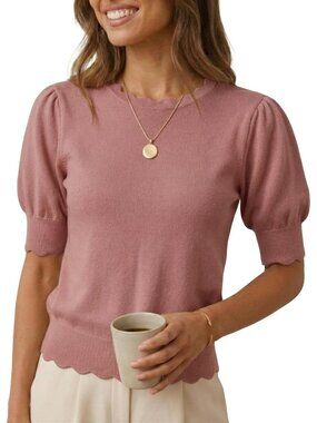 Women's Smoke Rose Short Sleeve Crew Neck Pull On Imported Casual Sweater